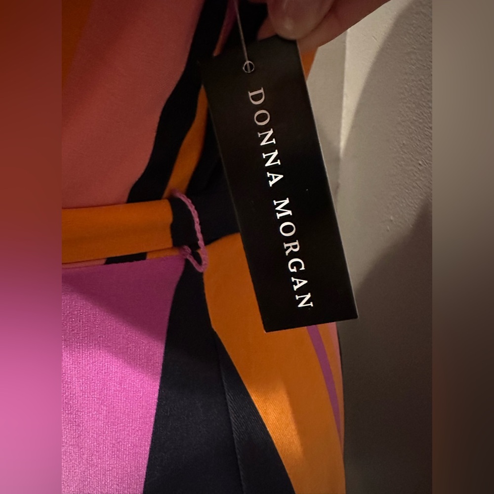 Donna Morgan Pink, Orange & Black Striped Faux-Wrap Midi Dress - Picture 6 of 10